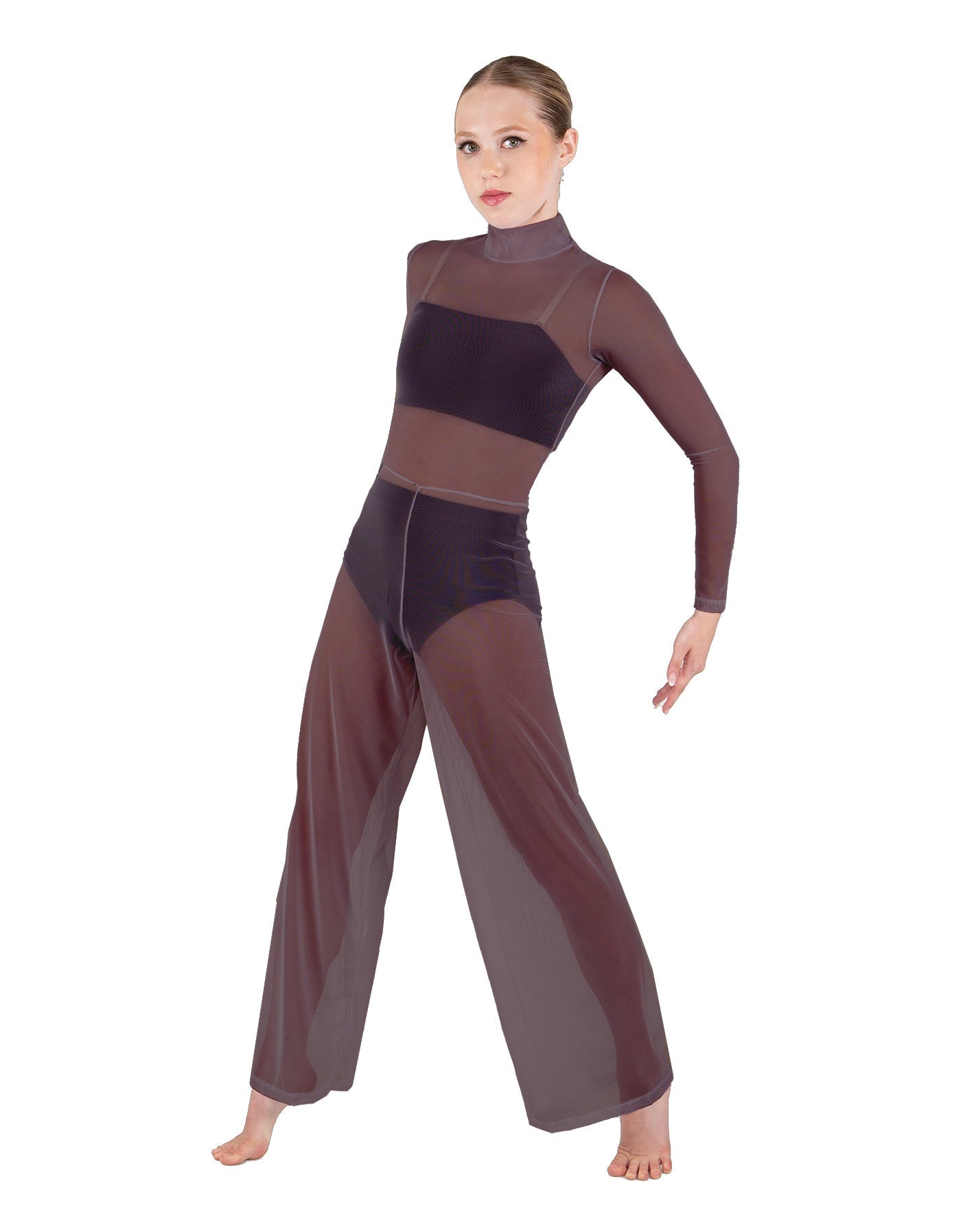 Solid Mesh LS TNeck Keyhole Wide Leg Mesh Unitard with Bandeau and Panty