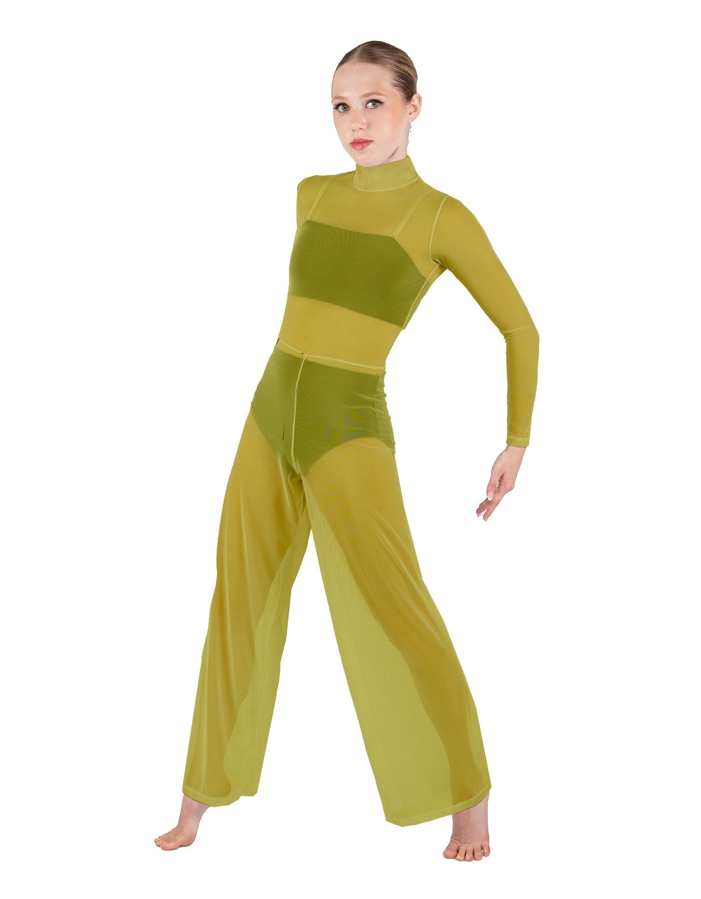 Solid Mesh LS TNeck Keyhole Wide Leg Mesh Unitard with Bandeau and Panty