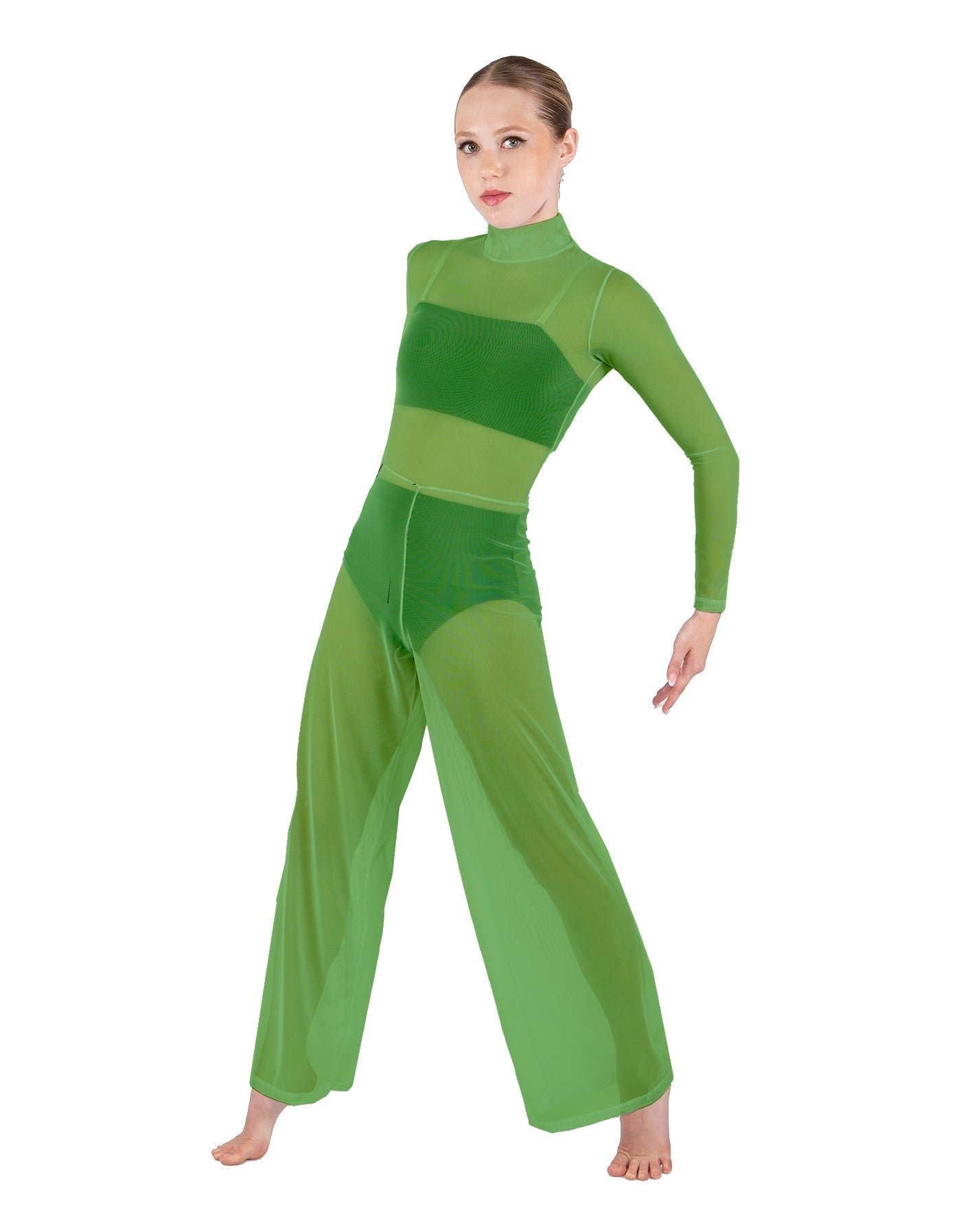 Solid Mesh LS TNeck Keyhole Wide Leg Mesh Unitard with Bandeau and Panty