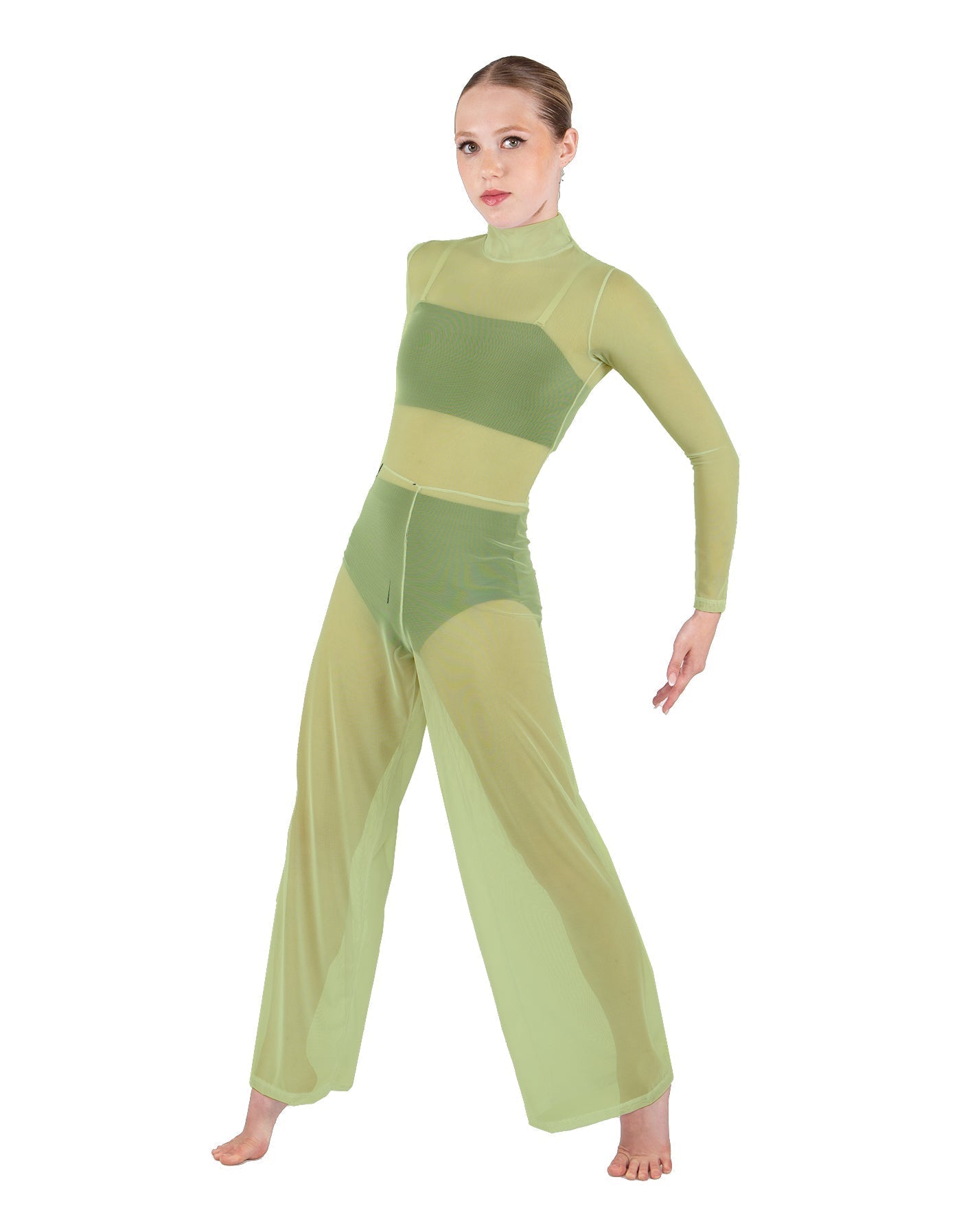 Solid Mesh LS TNeck Keyhole Wide Leg Mesh Unitard with Bandeau and Panty