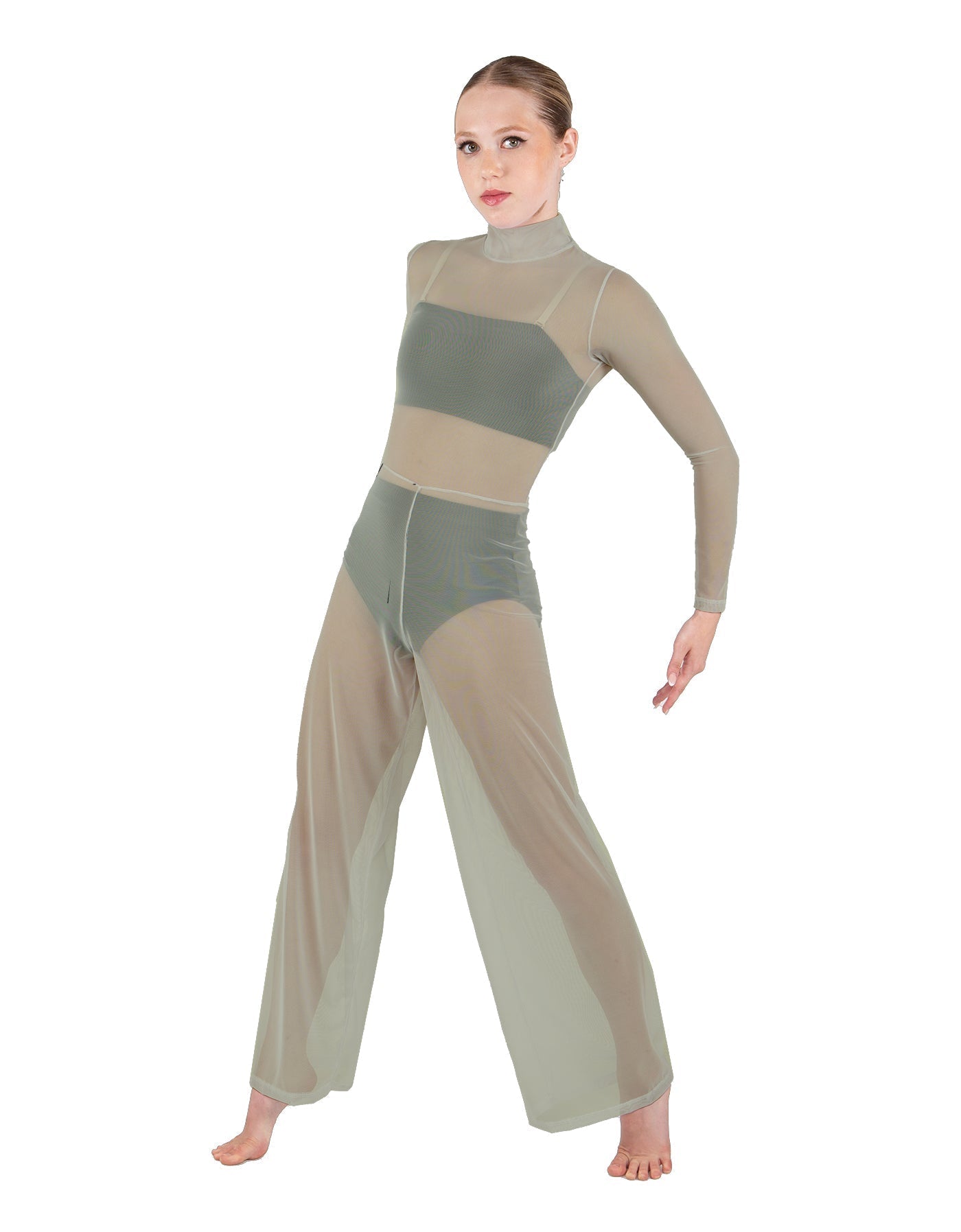 Solid Mesh LS TNeck Keyhole Wide Leg Mesh Unitard with Bandeau and Panty
