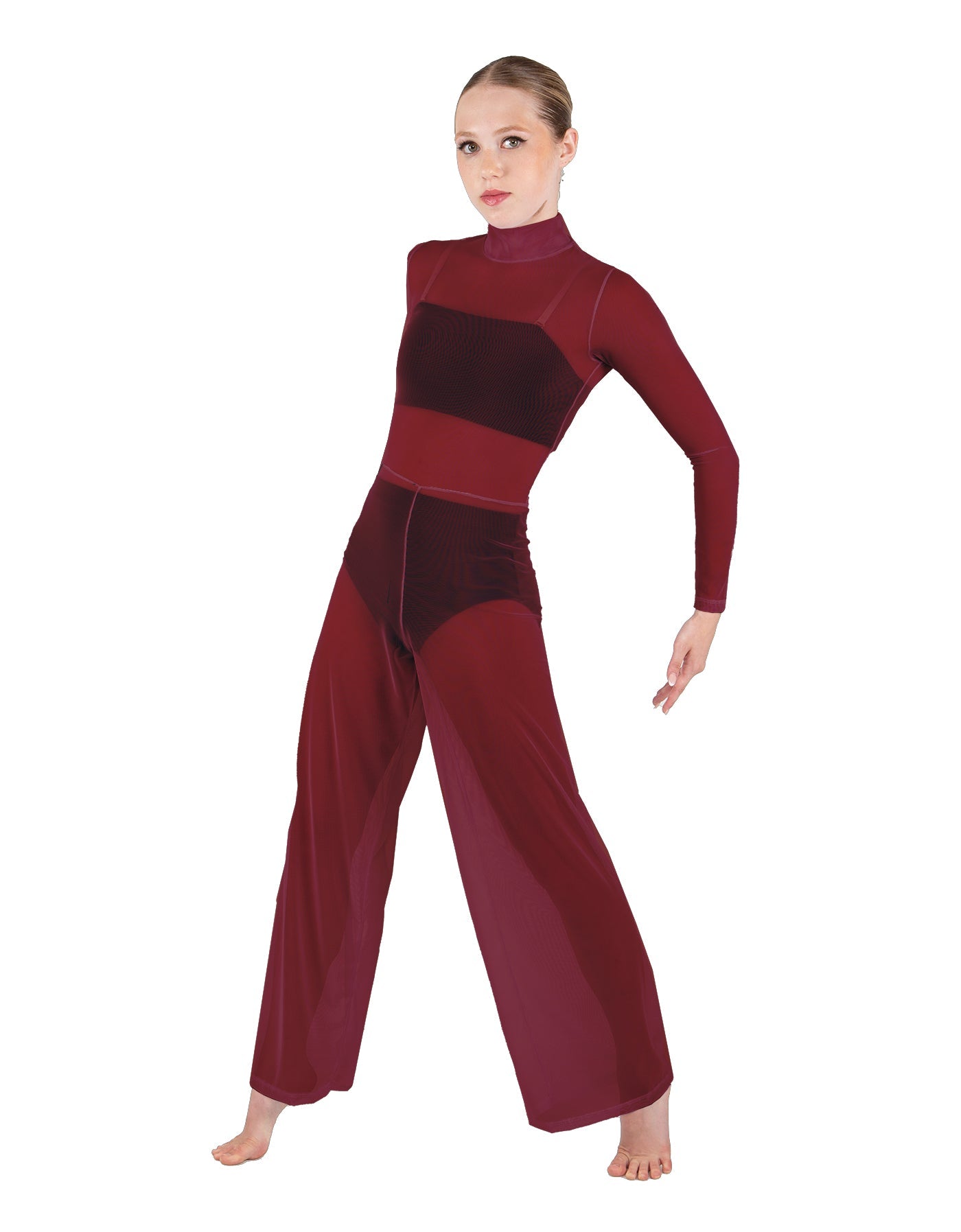 Solid Mesh LS TNeck Keyhole Wide Leg Mesh Unitard with Bandeau and Panty