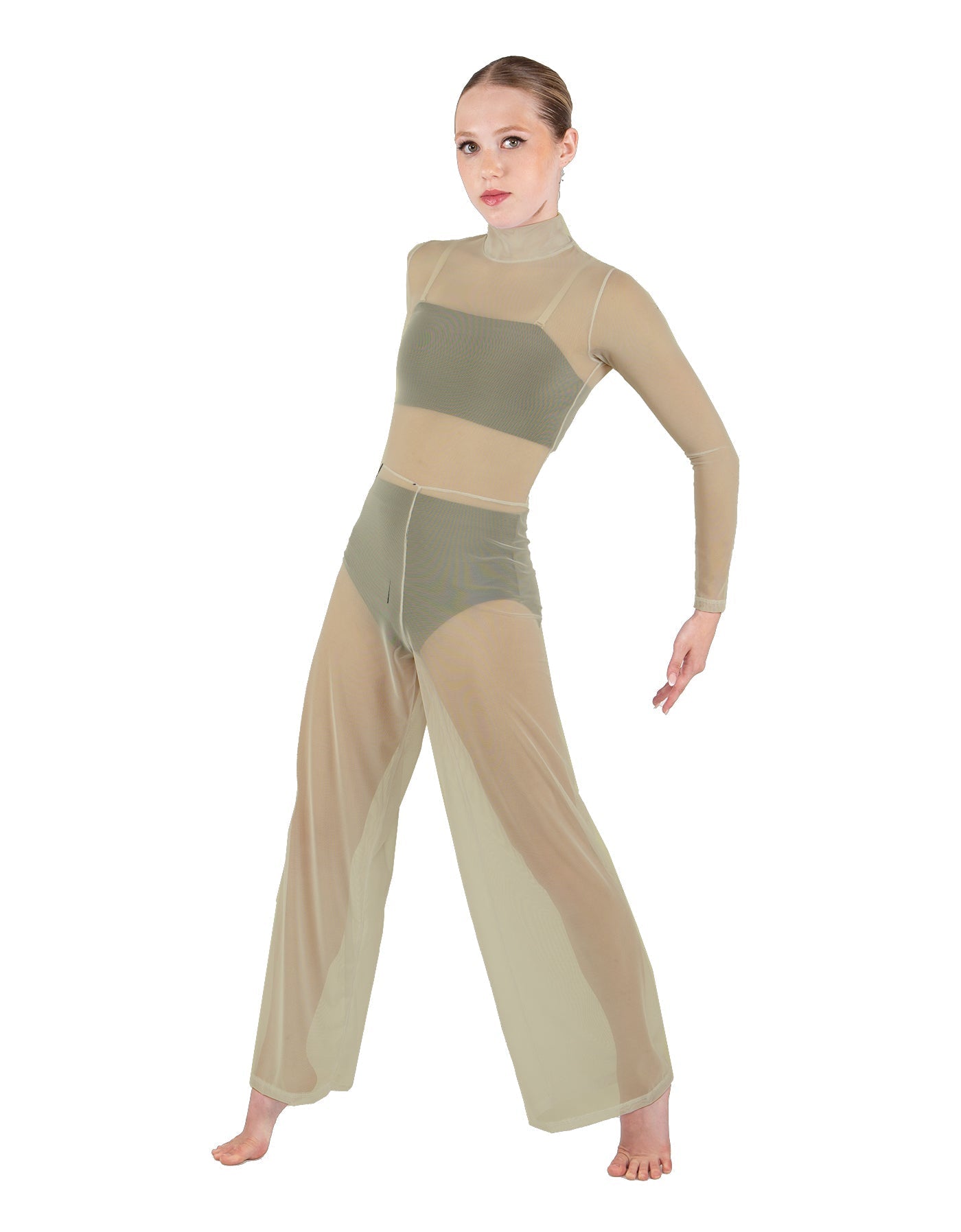 Solid Mesh LS TNeck Keyhole Wide Leg Mesh Unitard with Bandeau and Panty