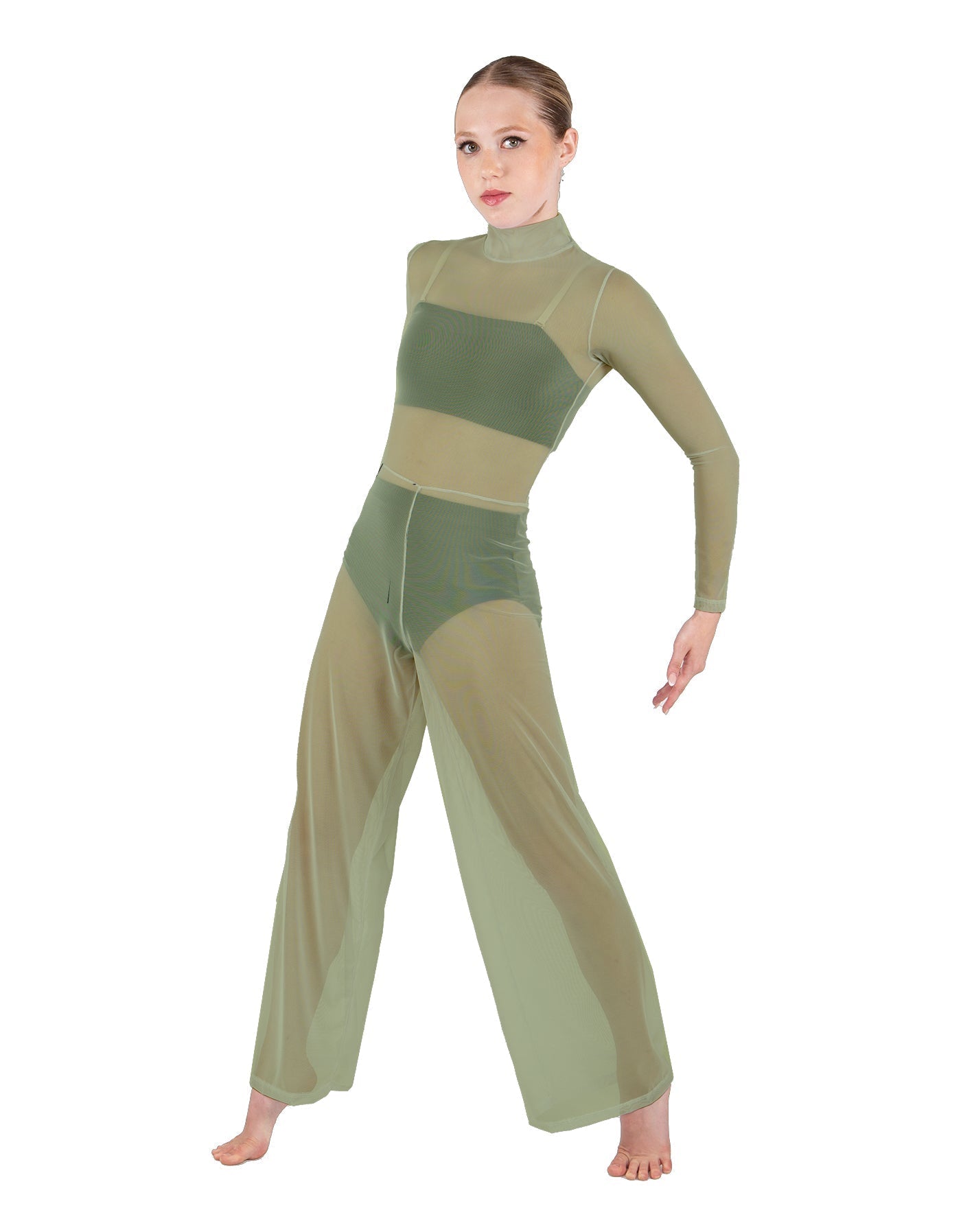 Solid Mesh LS TNeck Keyhole Wide Leg Mesh Unitard with Bandeau and Panty
