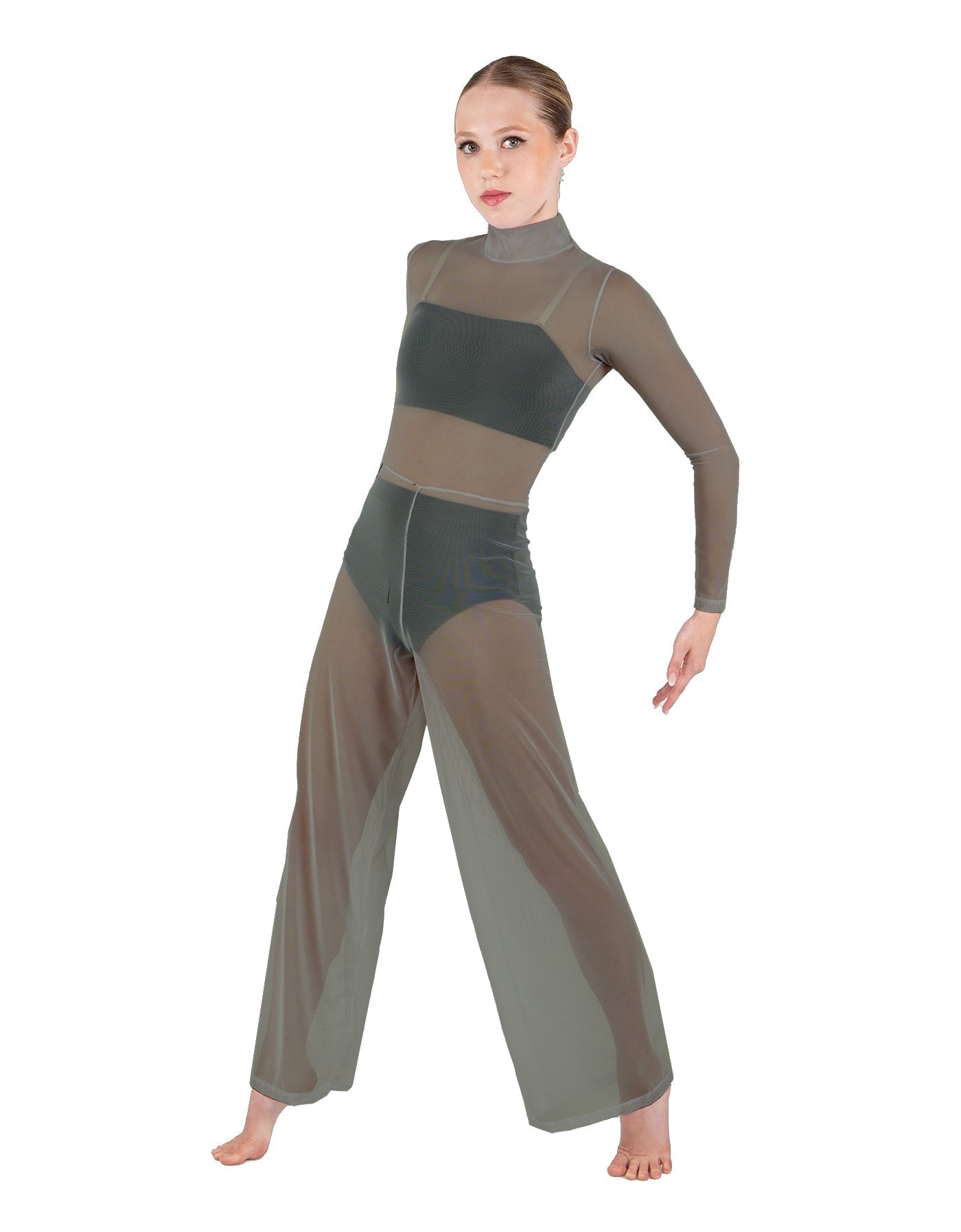 Solid Mesh LS TNeck Keyhole Wide Leg Mesh Unitard with Bandeau and Panty