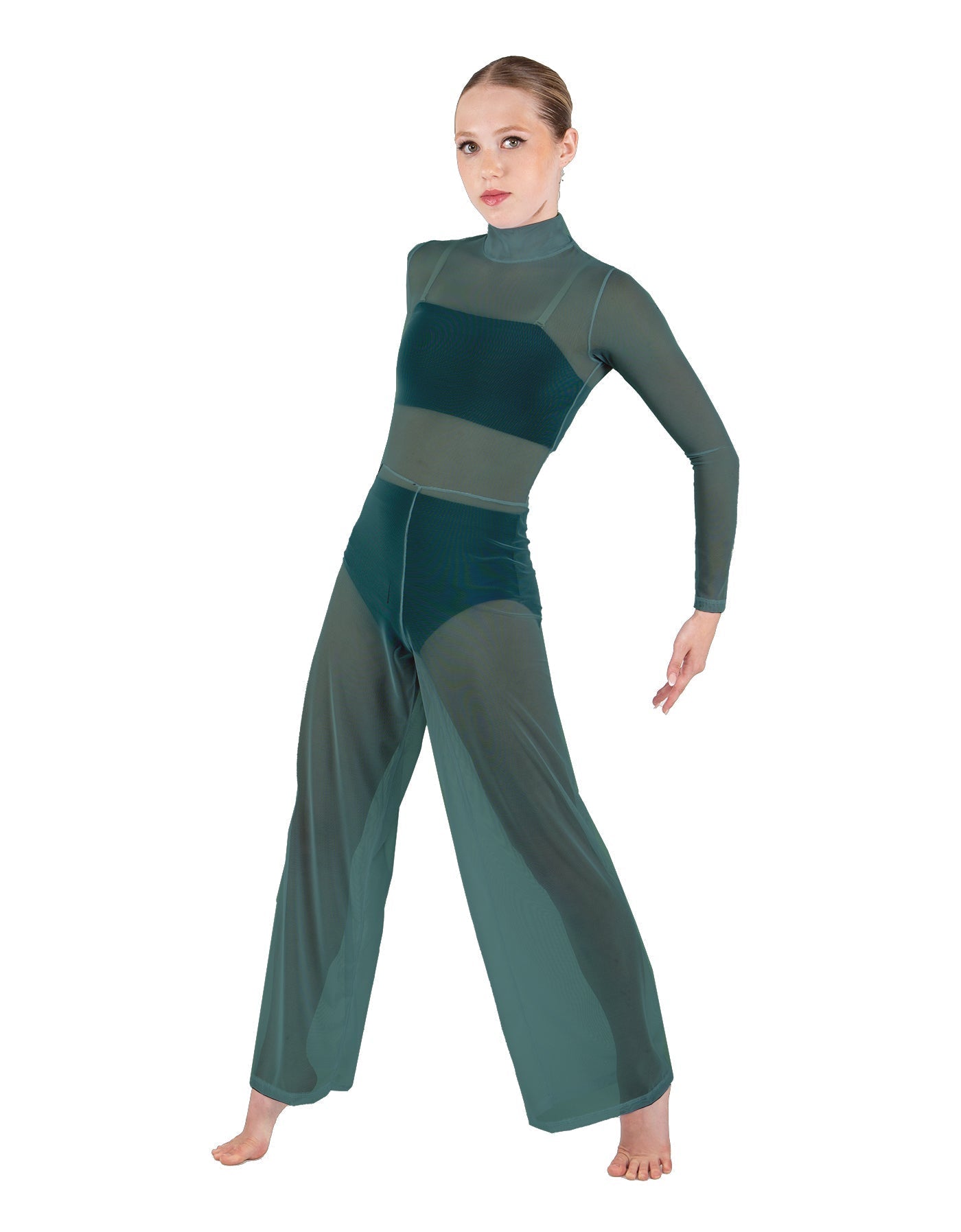 Solid Mesh LS TNeck Keyhole Wide Leg Mesh Unitard with Bandeau and Panty