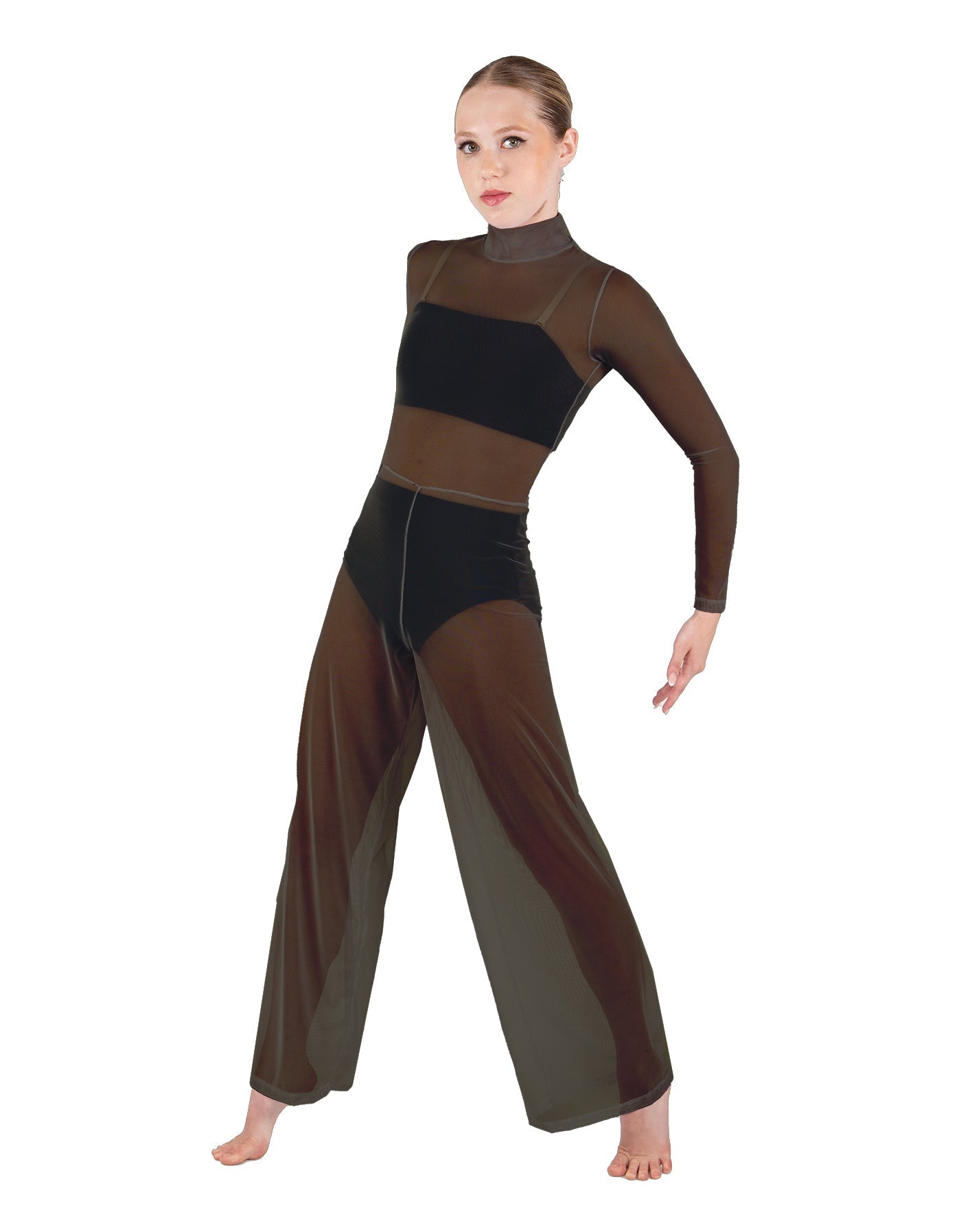 Solid Mesh LS TNeck Keyhole Wide Leg Mesh Unitard with Bandeau and Panty