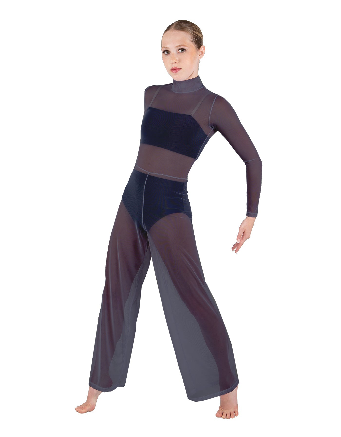 Solid Mesh LS TNeck Keyhole Wide Leg Mesh Unitard with Bandeau and Panty