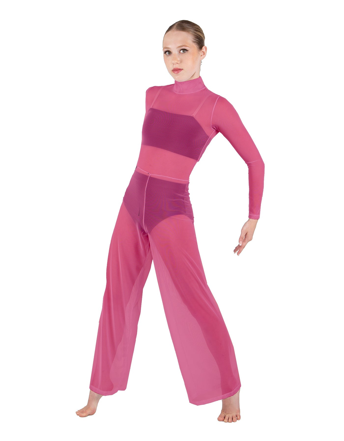 Solid Mesh LS TNeck Keyhole Wide Leg Mesh Unitard with Bandeau and Panty