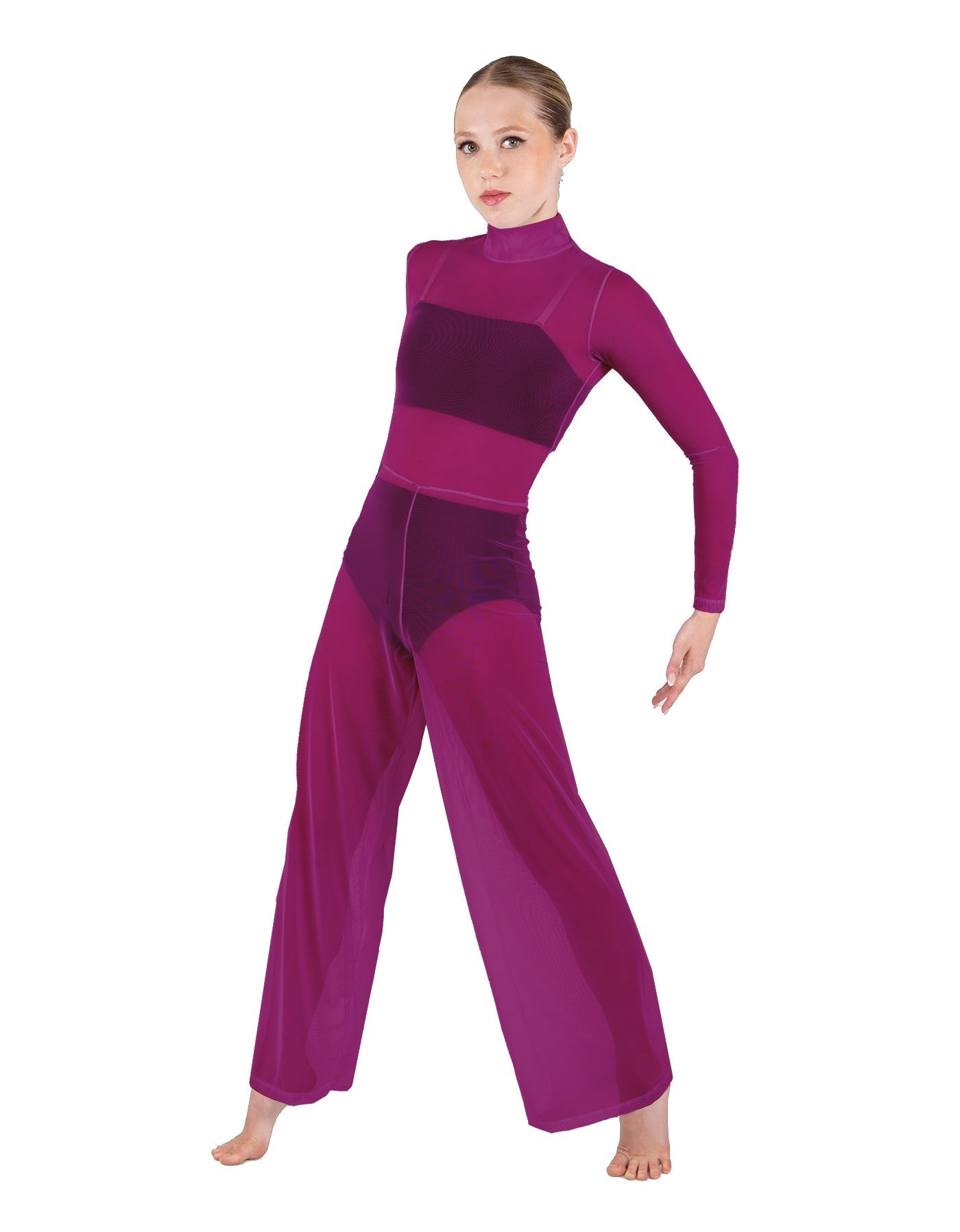 Solid Mesh LS TNeck Keyhole Wide Leg Mesh Unitard with Bandeau and Panty