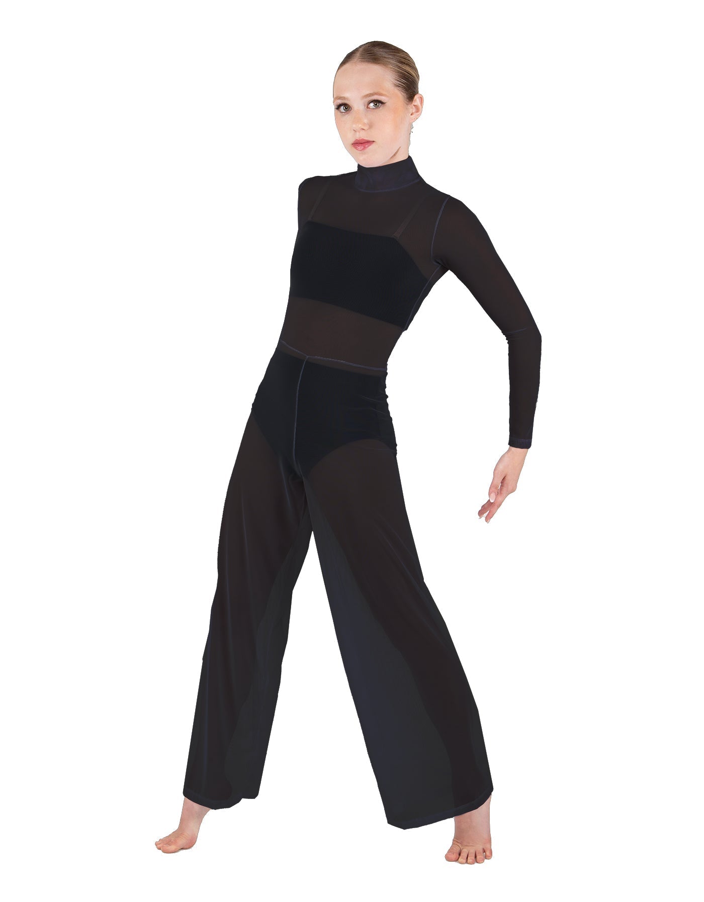 Solid Mesh LS TNeck Keyhole Wide Leg Mesh Unitard with Bandeau and Panty