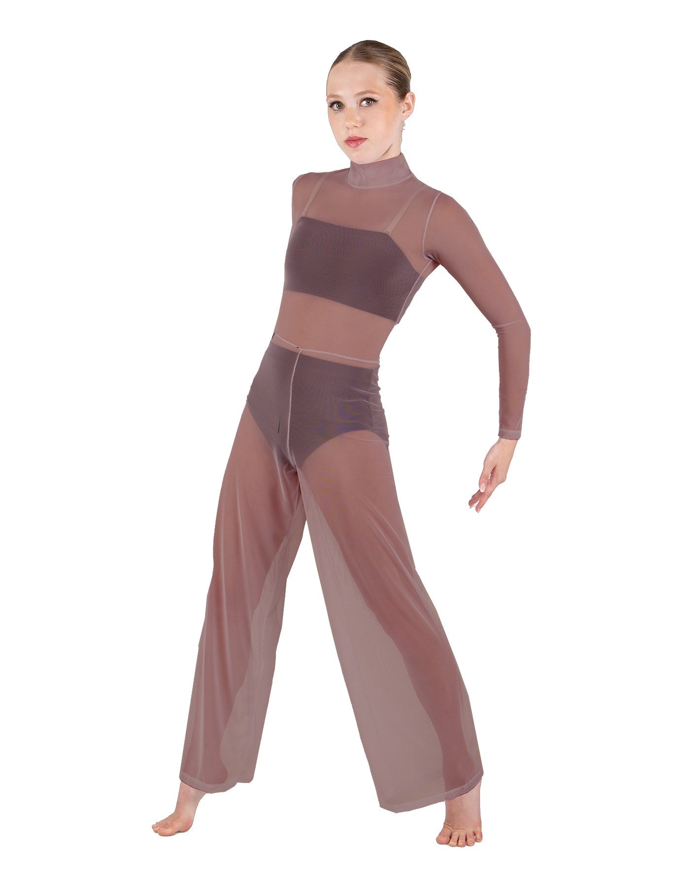 Solid Mesh LS TNeck Keyhole Wide Leg Mesh Unitard with Bandeau and Panty