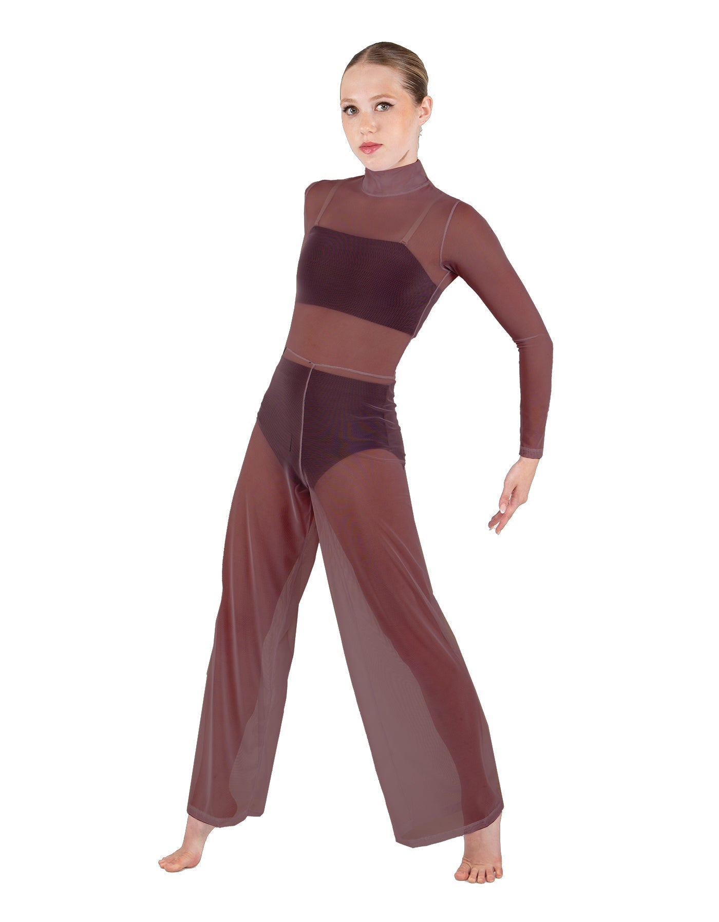 Solid Mesh LS TNeck Keyhole Wide Leg Mesh Unitard with Bandeau and Panty