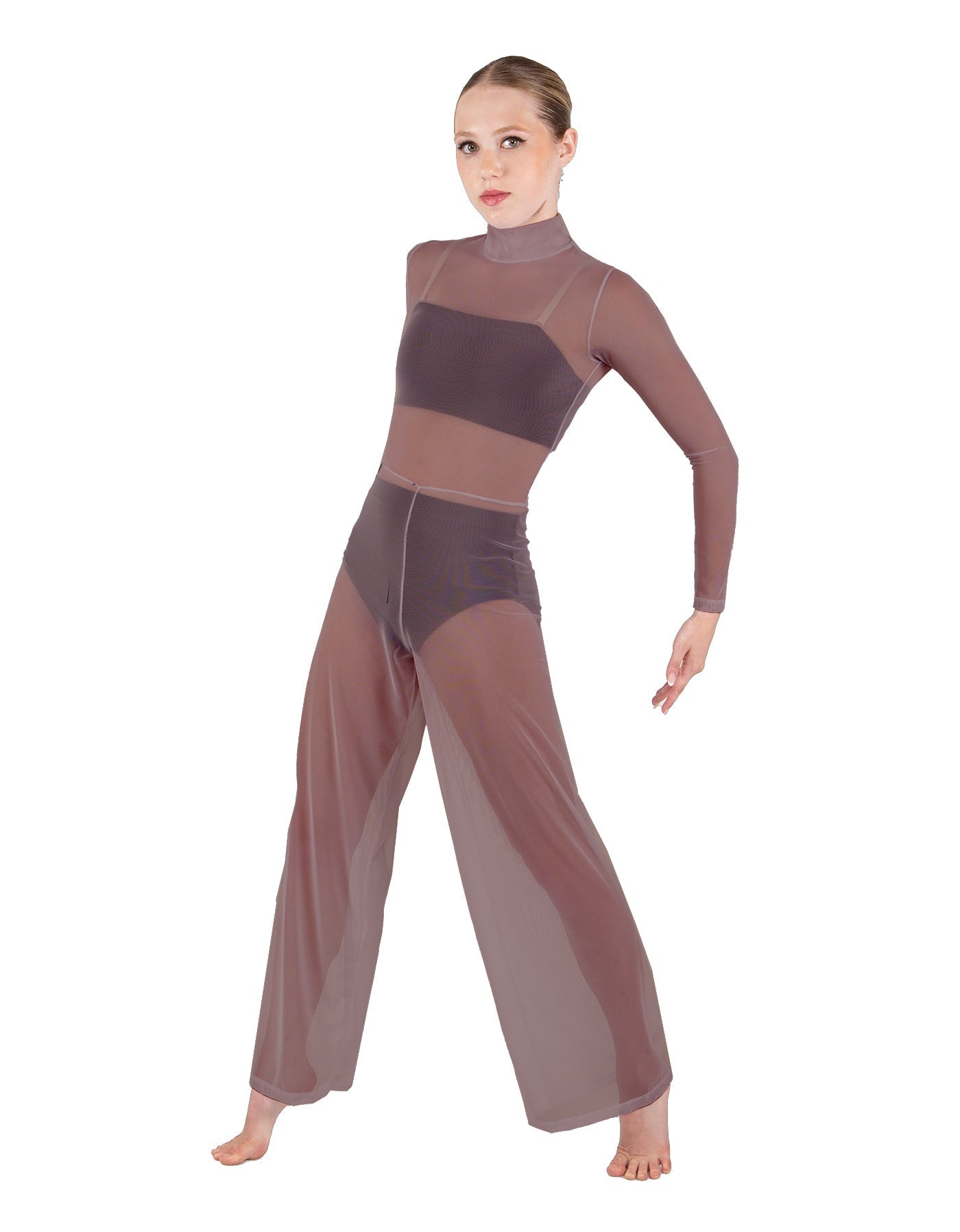 Solid Mesh LS TNeck Keyhole Wide Leg Mesh Unitard with Bandeau and Panty