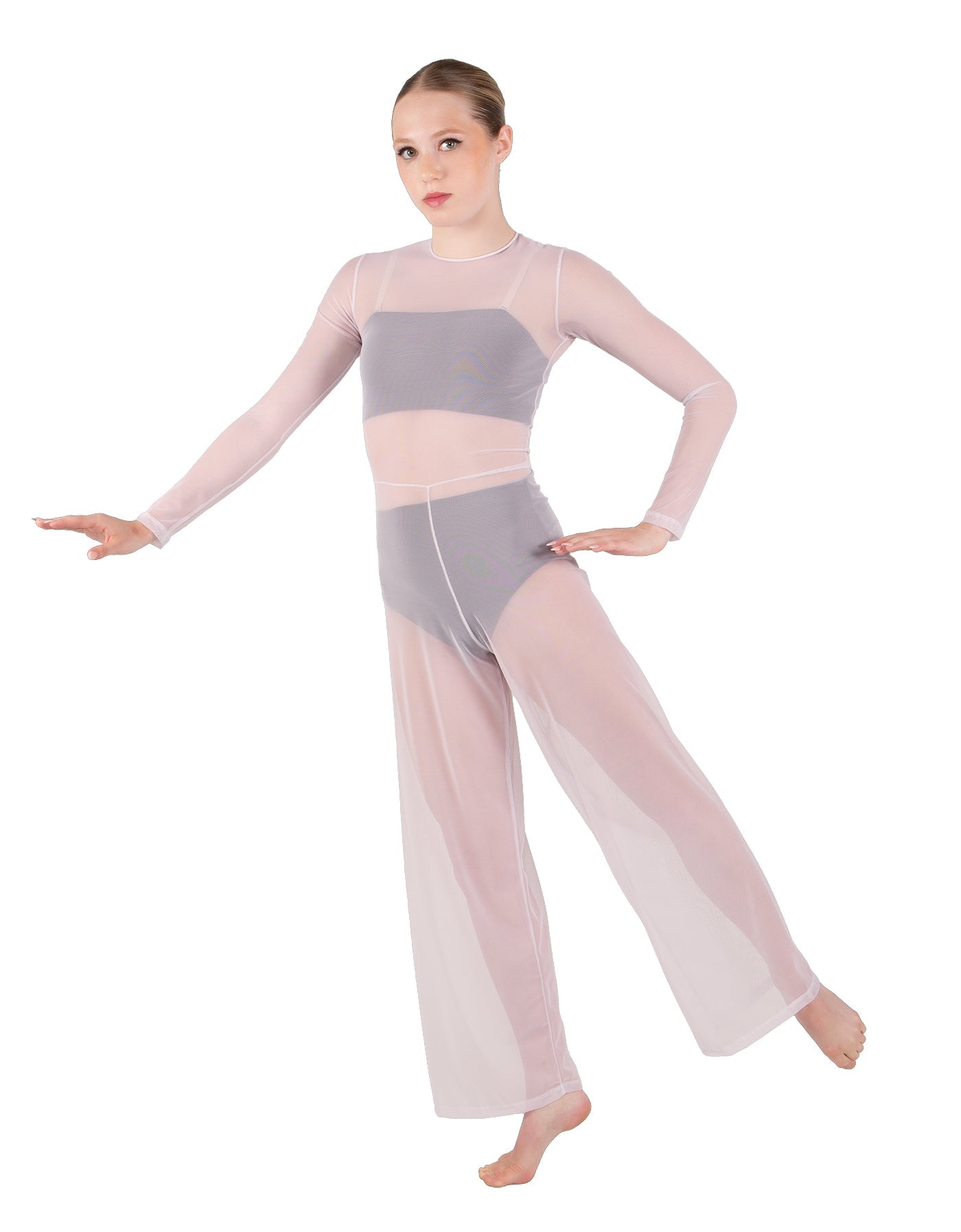 Solid Lycra LS Keyhole Wide Leg Mesh Unitard with Bandeau and Panty