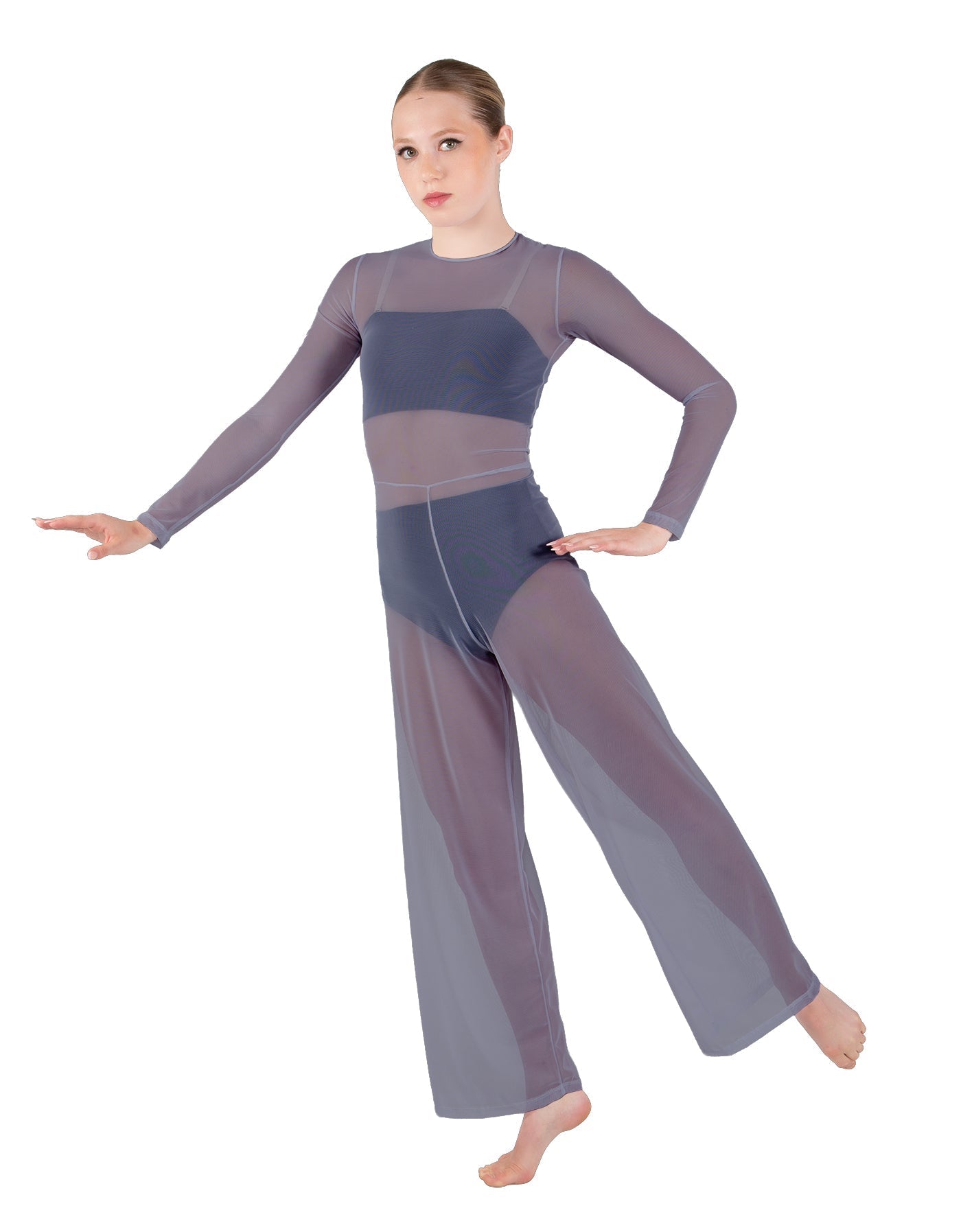 Solid Lycra LS Keyhole Wide Leg Mesh Unitard with Bandeau and Panty