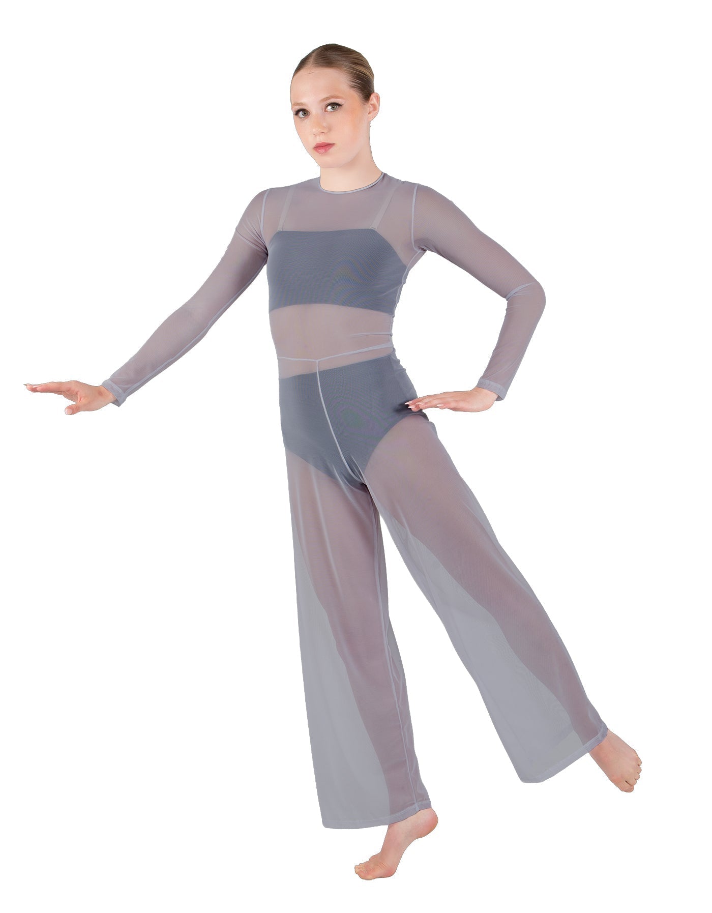 Solid Lycra LS Keyhole Wide Leg Mesh Unitard with Bandeau and Panty