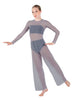 Solid Lycra LS Keyhole Wide Leg Mesh Unitard with Bandeau and Panty