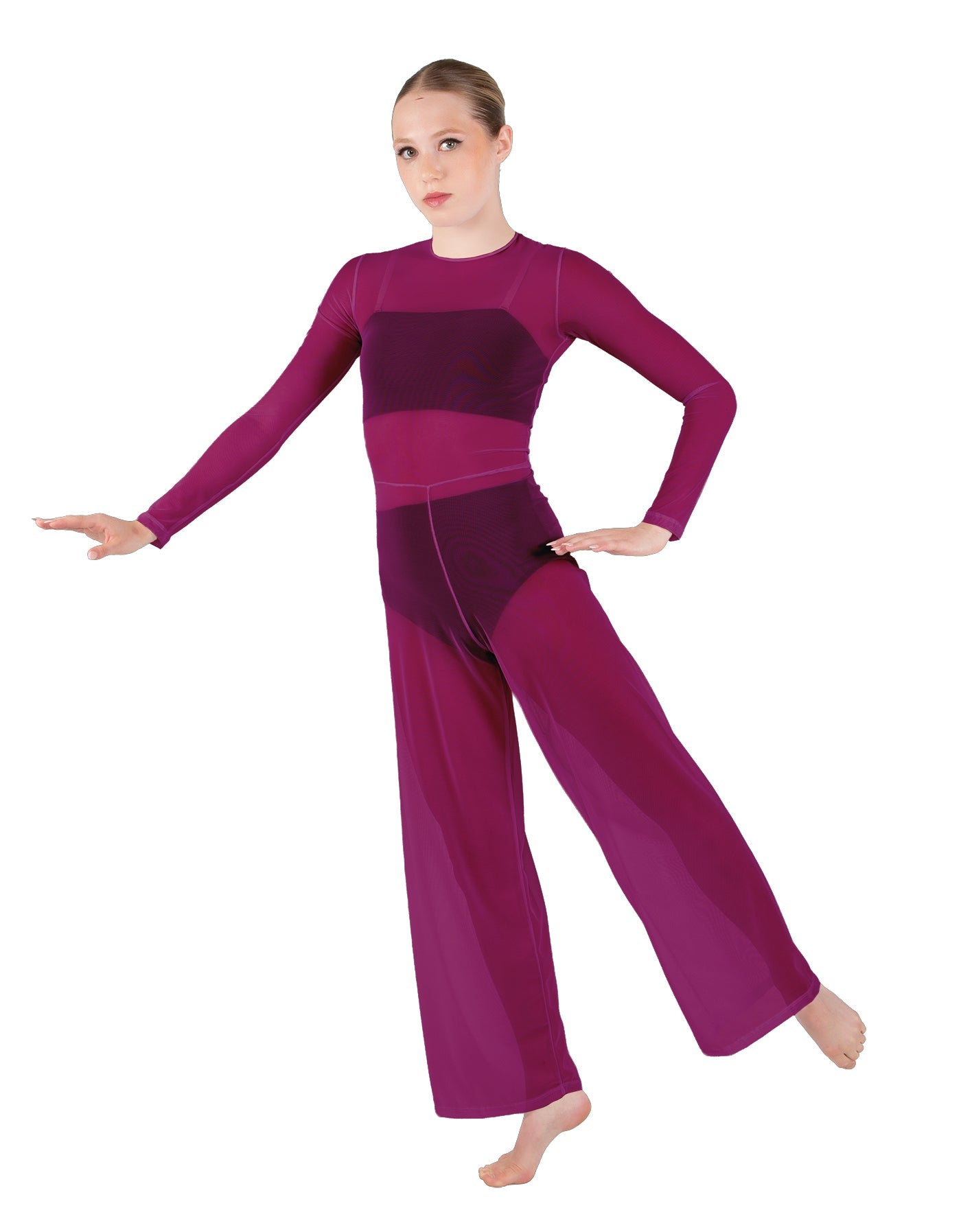 Solid Lycra LS Keyhole Wide Leg Mesh Unitard with Bandeau and Panty