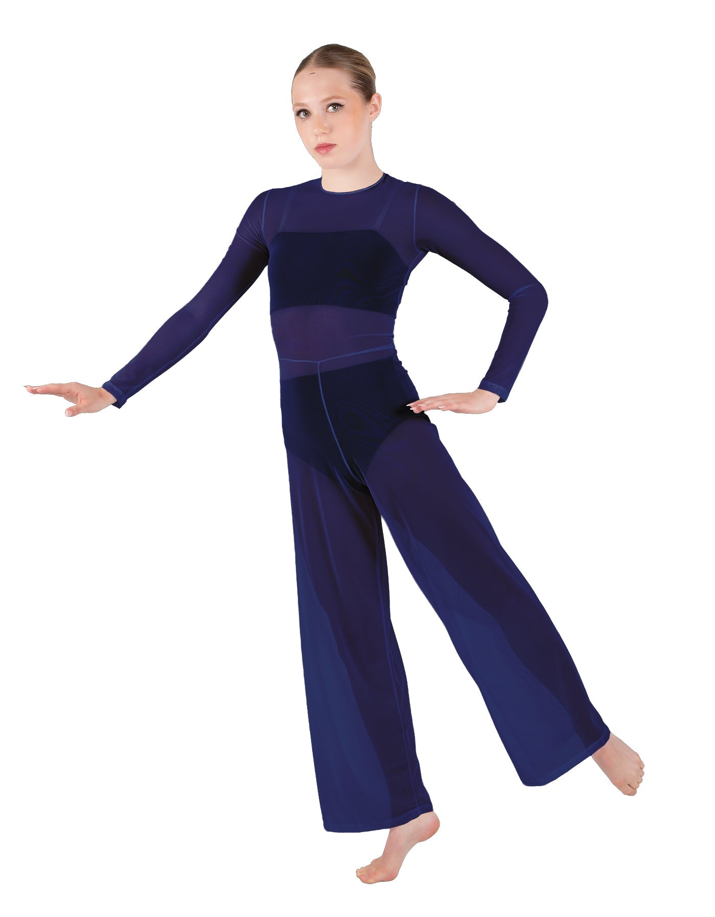 Solid Lycra LS Keyhole Wide Leg Mesh Unitard with Bandeau and Panty