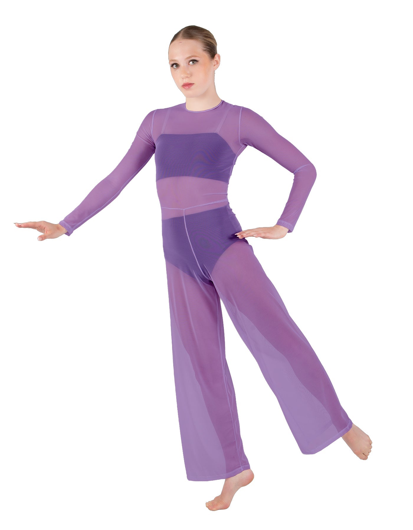 Solid Lycra LS Keyhole Wide Leg Mesh Unitard with Bandeau and Panty