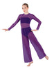Solid Lycra LS Keyhole Wide Leg Mesh Unitard with Bandeau and Panty
