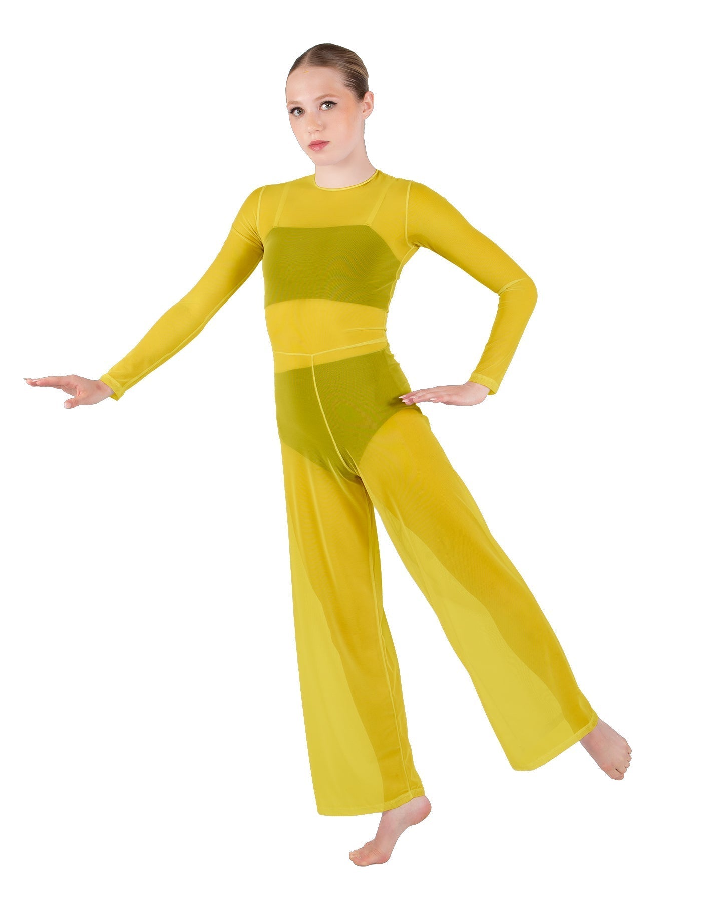 Solid Lycra LS Keyhole Wide Leg Mesh Unitard with Bandeau and Panty