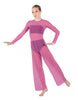 Solid Lycra LS Keyhole Wide Leg Mesh Unitard with Bandeau and Panty