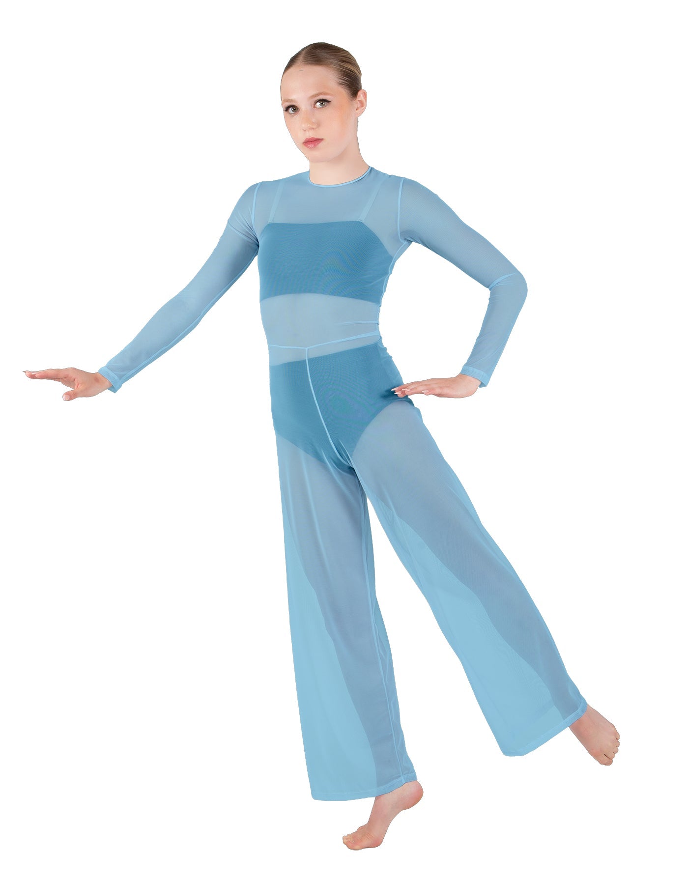 Solid Lycra LS Keyhole Wide Leg Mesh Unitard with Bandeau and Panty