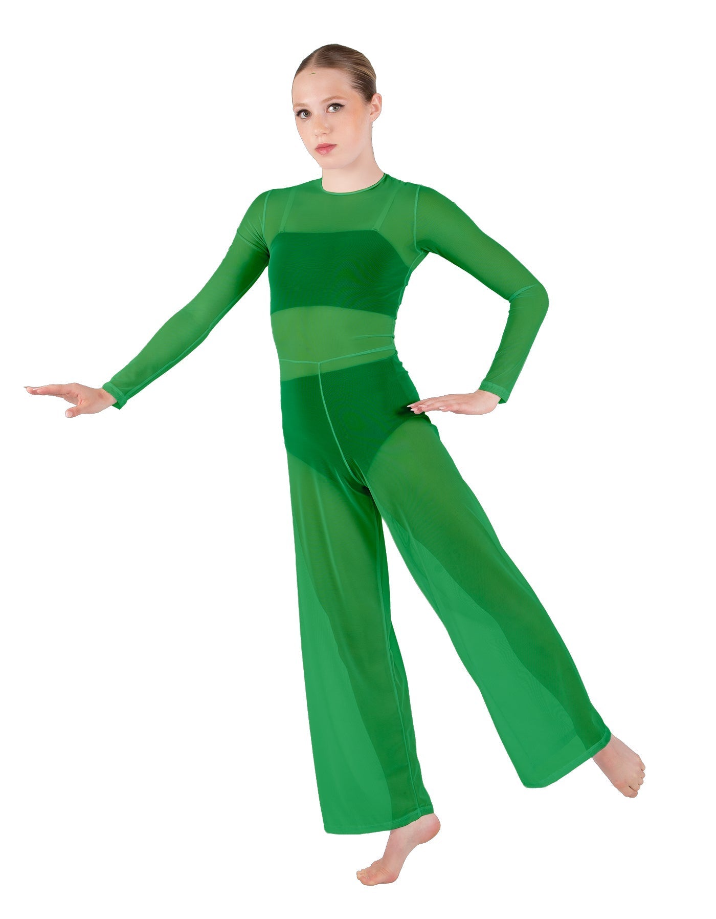 Solid Lycra LS Keyhole Wide Leg Mesh Unitard with Bandeau and Panty