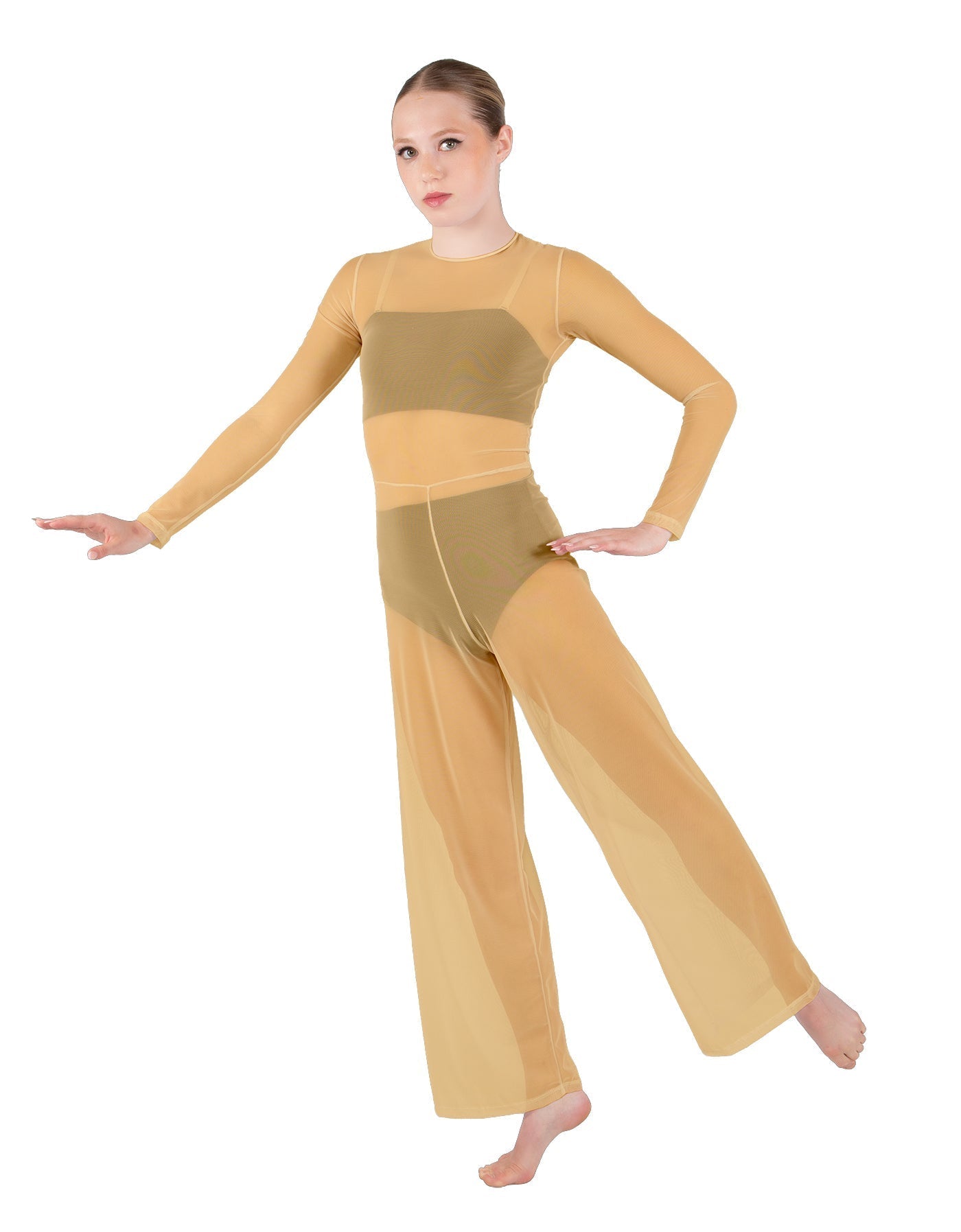 Solid Lycra LS Keyhole Wide Leg Mesh Unitard with Bandeau and Panty