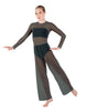 Solid Lycra LS Keyhole Wide Leg Mesh Unitard with Bandeau and Panty