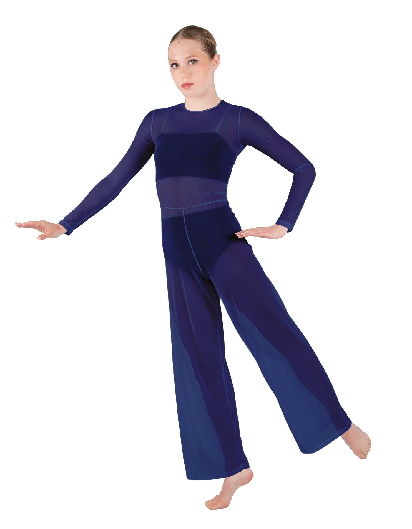Solid Lycra LS Keyhole Wide Leg Mesh Unitard with Bandeau and Panty