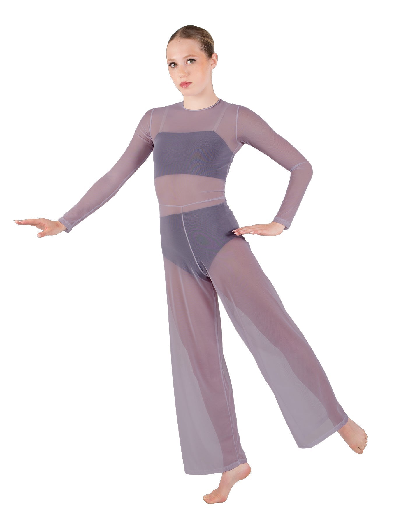 Solid Lycra LS Keyhole Wide Leg Mesh Unitard with Bandeau and Panty