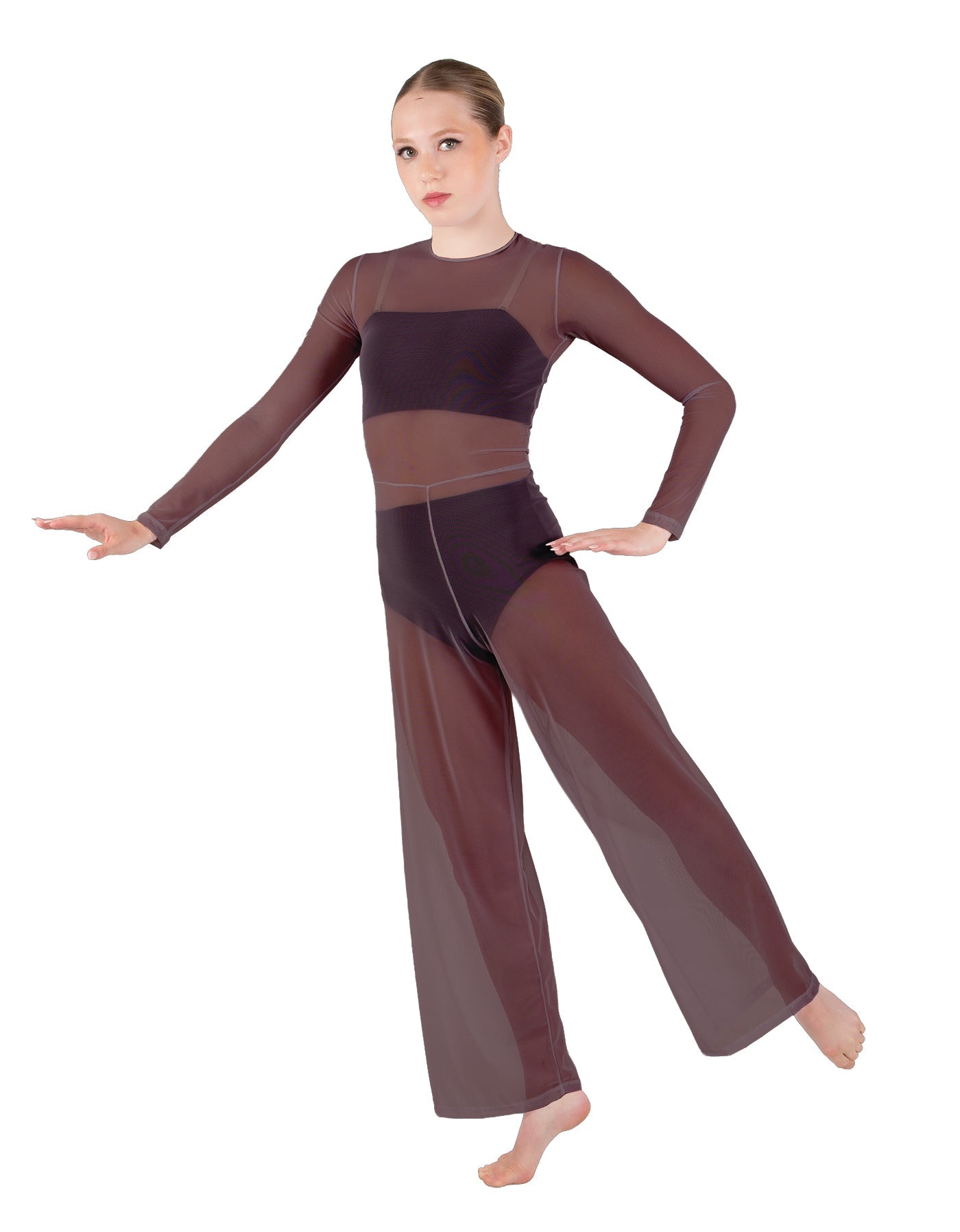 Solid Lycra LS Keyhole Wide Leg Mesh Unitard with Bandeau and Panty