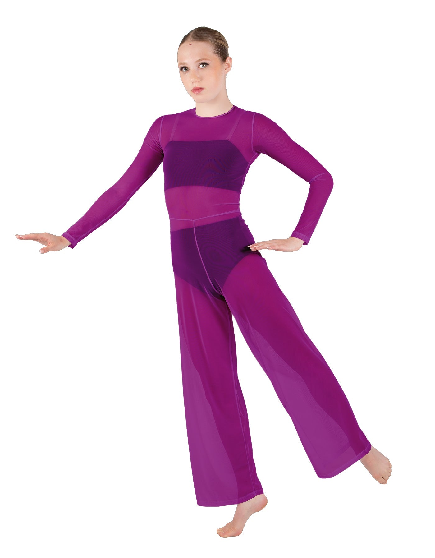 Solid Lycra LS Keyhole Wide Leg Mesh Unitard with Bandeau and Panty