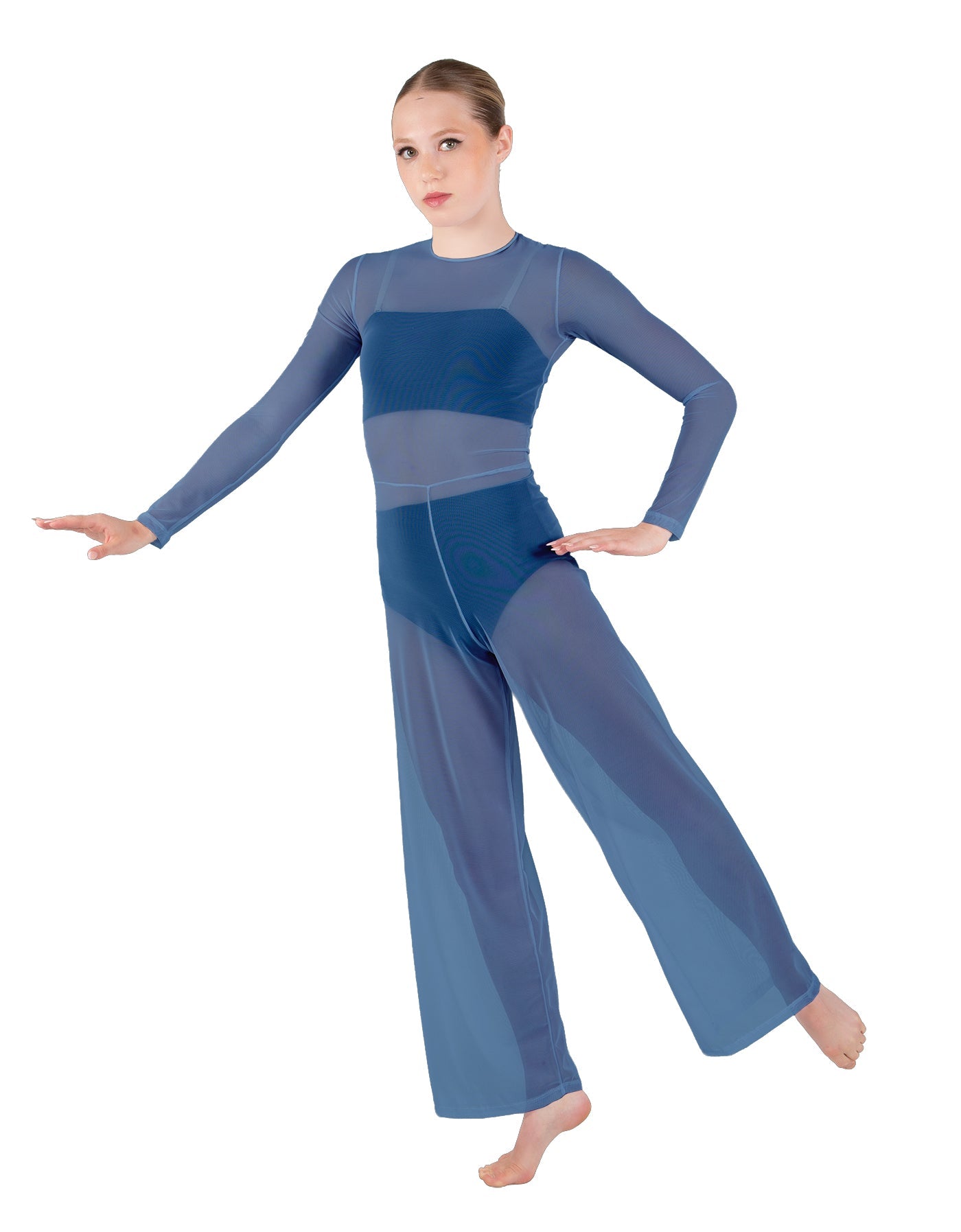 Solid Lycra LS Keyhole Wide Leg Mesh Unitard with Bandeau and Panty