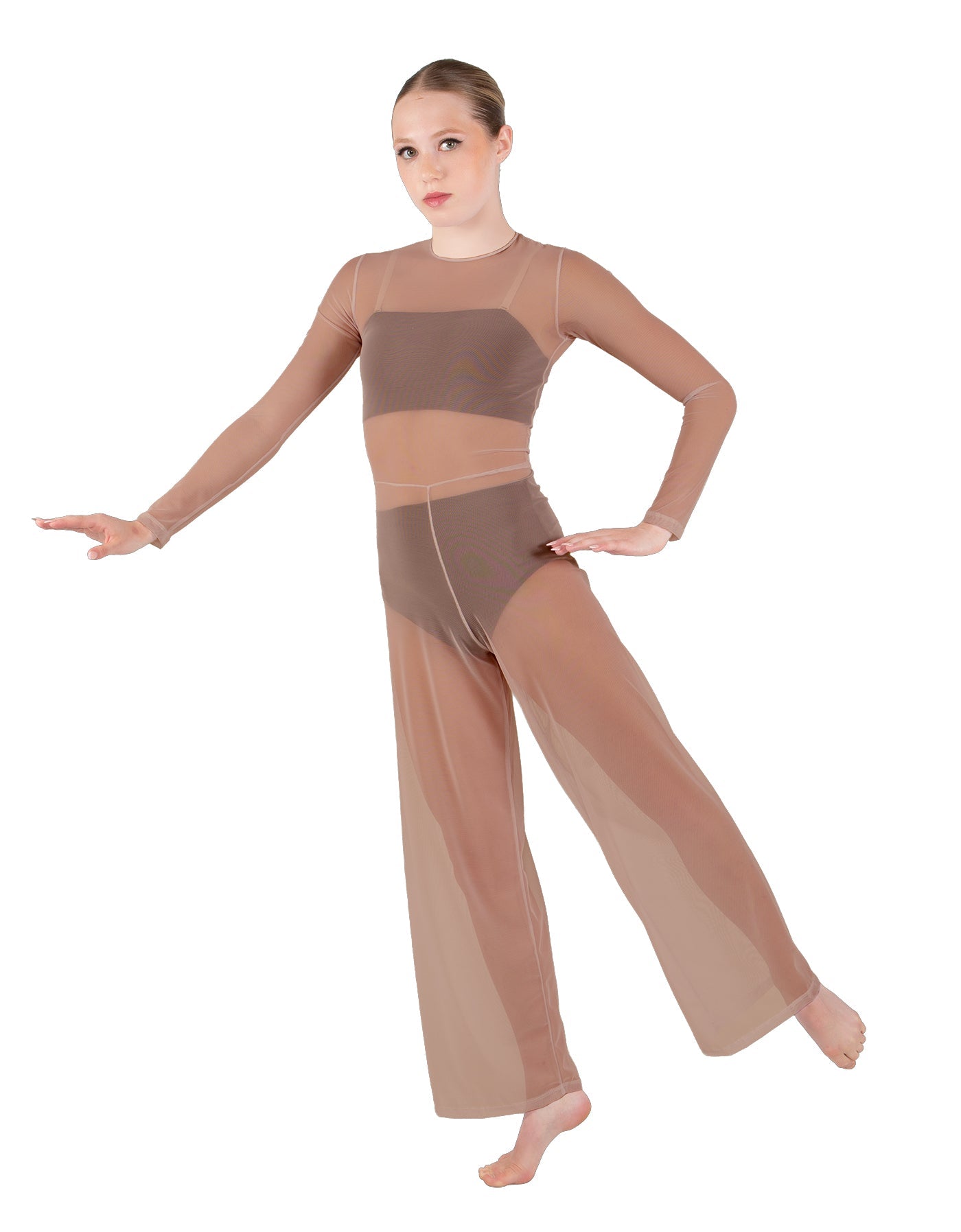 Solid Lycra LS Keyhole Wide Leg Mesh Unitard with Bandeau and Panty