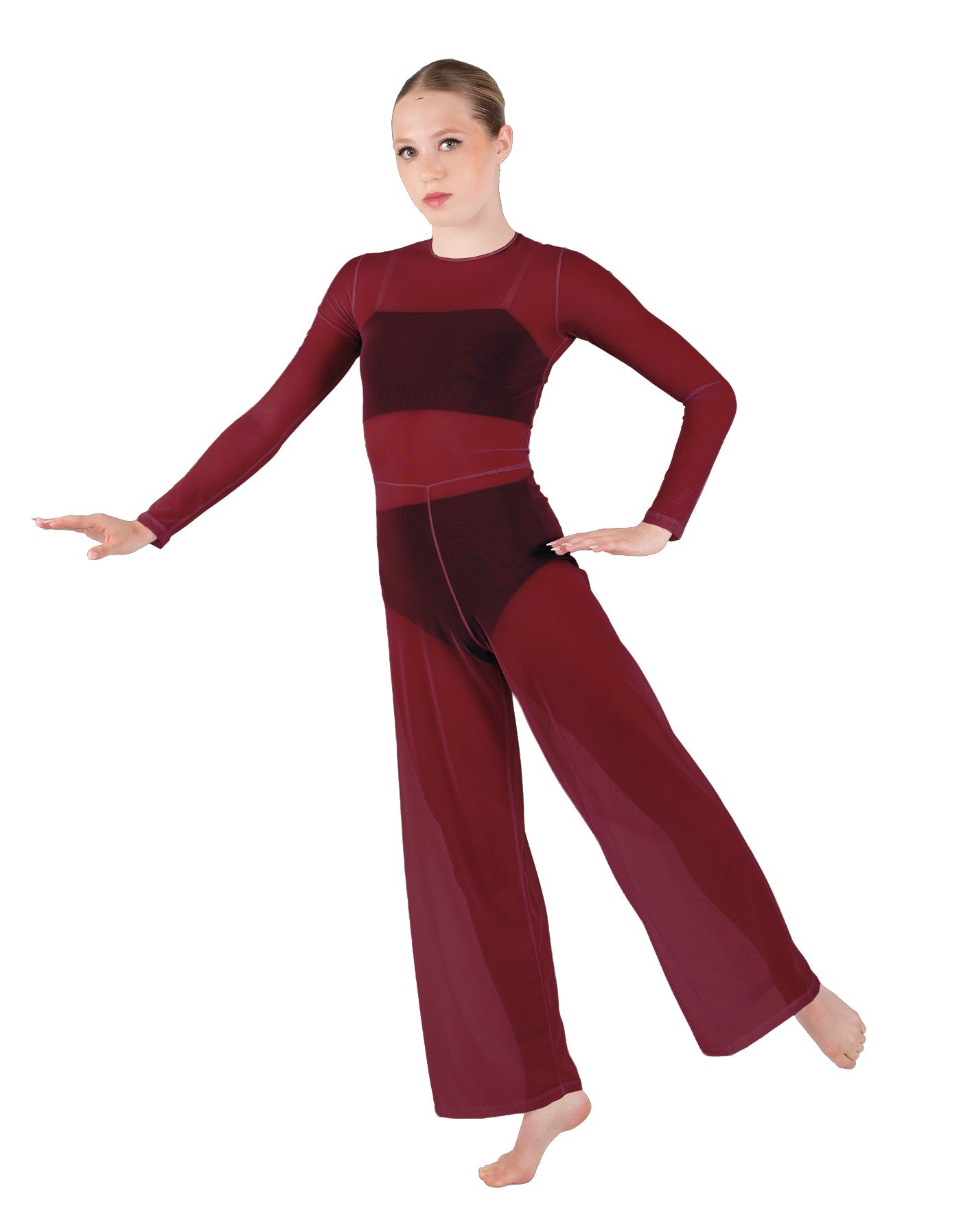 Solid Lycra LS Keyhole Wide Leg Mesh Unitard with Bandeau and Panty