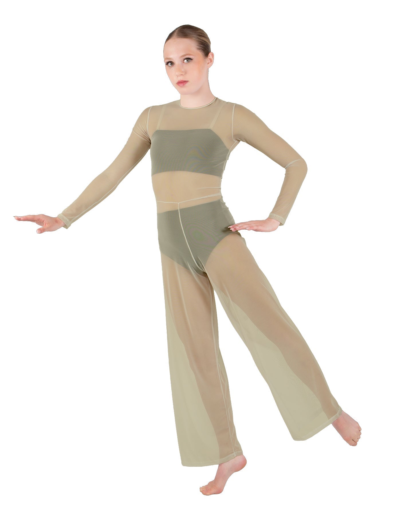 Solid Lycra LS Keyhole Wide Leg Mesh Unitard with Bandeau and Panty