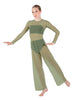 Solid Lycra LS Keyhole Wide Leg Mesh Unitard with Bandeau and Panty