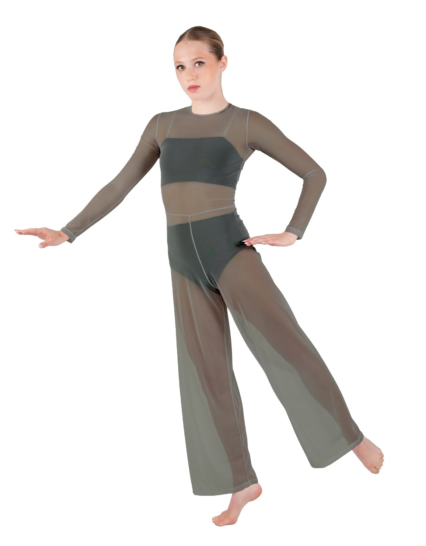 Solid Lycra LS Keyhole Wide Leg Mesh Unitard with Bandeau and Panty
