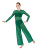 Solid Lycra LS Keyhole Wide Leg Mesh Unitard with Bandeau and Panty