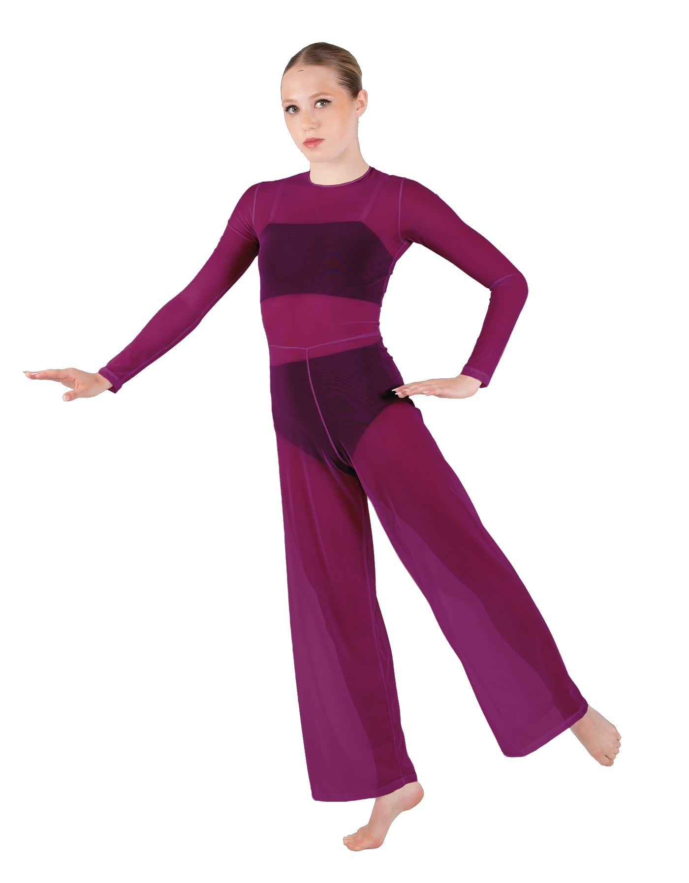 Solid Lycra LS Keyhole Wide Leg Mesh Unitard with Bandeau and Panty
