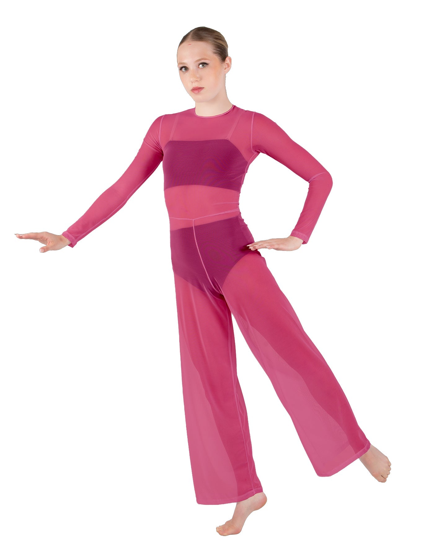 Solid Lycra LS Keyhole Wide Leg Mesh Unitard with Bandeau and Panty