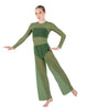 Solid Lycra LS Keyhole Wide Leg Mesh Unitard with Bandeau and Panty