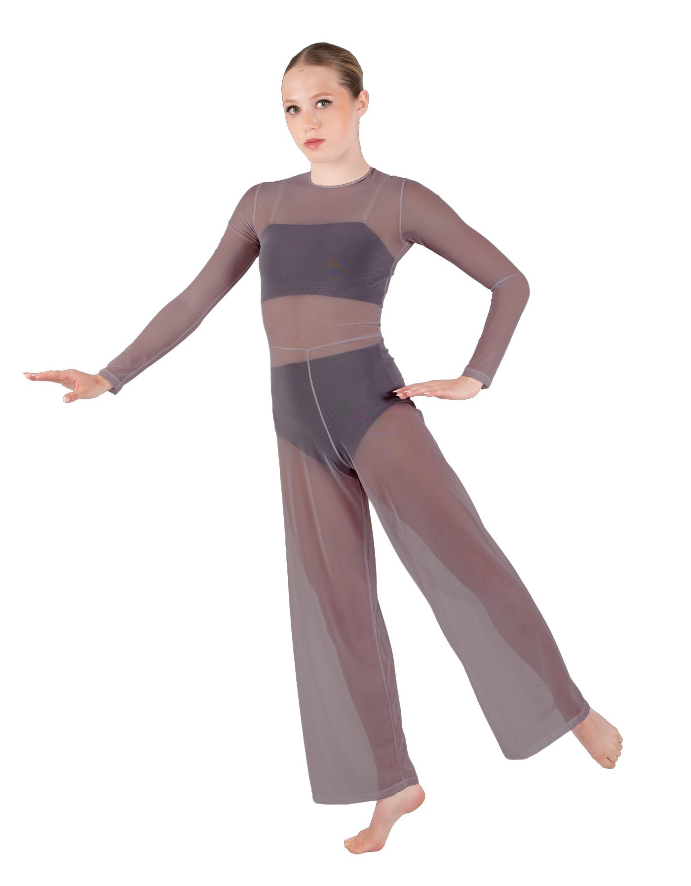 Solid Lycra LS Keyhole Wide Leg Mesh Unitard with Bandeau and Panty