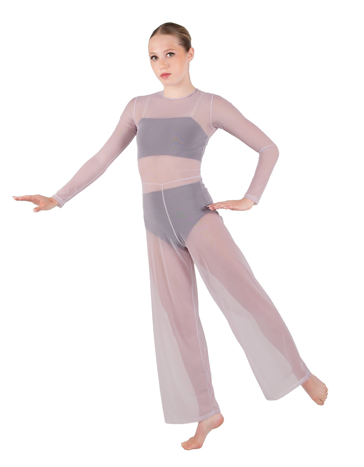 Solid Lycra LS Keyhole Wide Leg Mesh Unitard with Bandeau and Panty