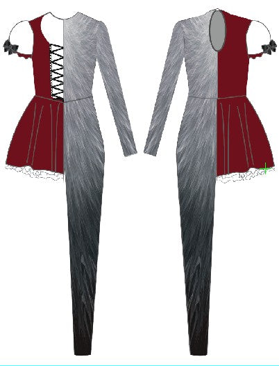 Custom Wharton Little Red Half Puff Half LS Round Neck Keyhole Biketard Unitard with Skirt and Pettiskirt