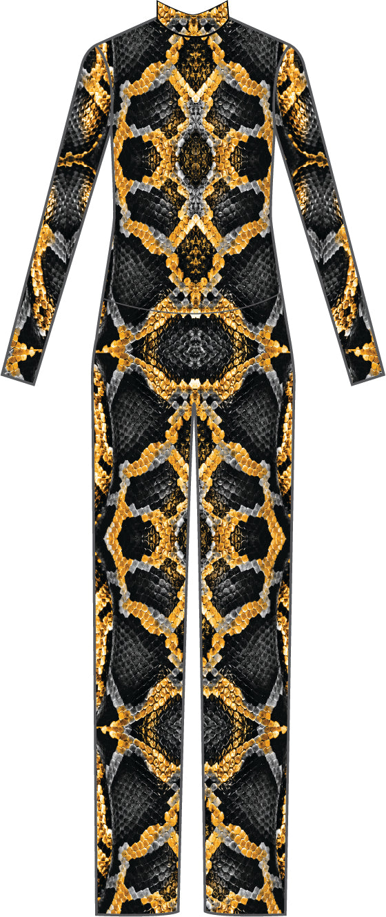 Custom Medusa Snakes Mens LS Tneck Zipper Back Straight Leg Unitard